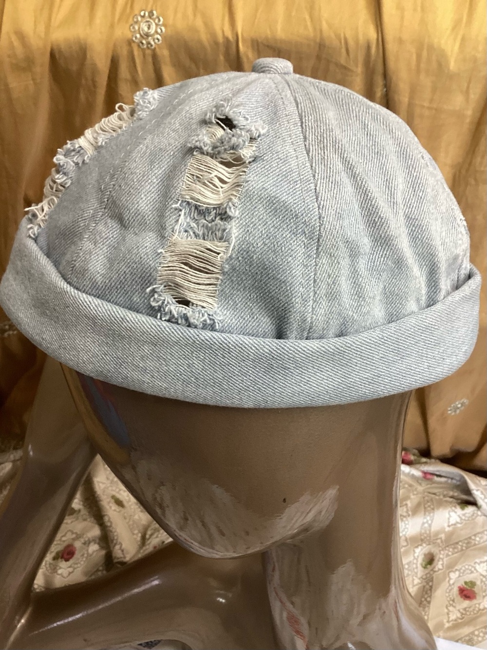 Light Blue Distressed Denim Cuffed Beanie - Picture 3 of 11